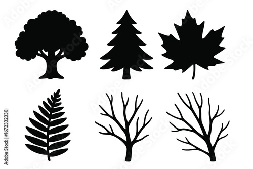 Set of tree and plant silhouettes. Vector icon collection with oak, pine tree, maple leaf, fern frond, and bare winter branches. Black isolated forest and nature symbols.