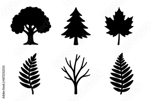 Tree silhouette vector icon set. Collection of black nature symbols. Oak, pine, fir tree, maple leaf, fern frond, and bare branch. Forest, foliage, plant graphic icons.