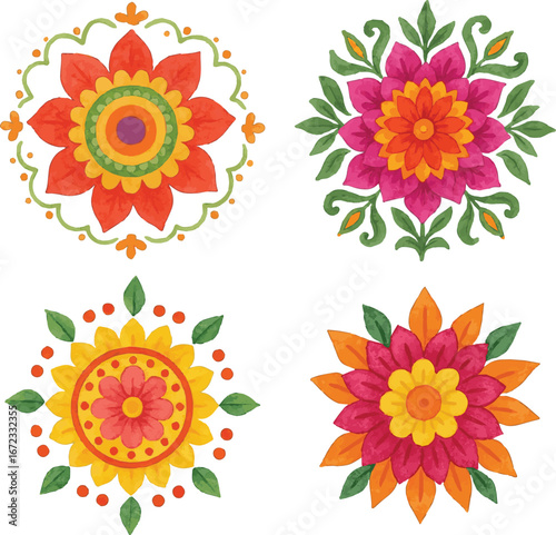 Collection of watercolor painted illustration of indian flower rangoli