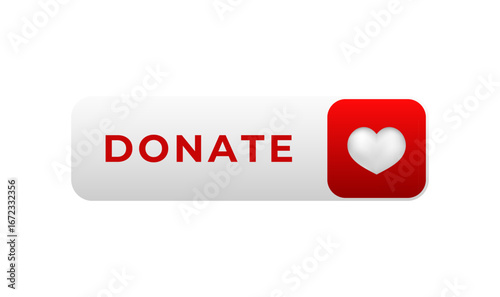 Red button with donate text and heart icon symbolizing charity, fundraising, or online support.