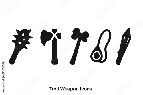 Troll weapon icon set. Fantasy RPG game assets. Orc and goblin weapons. Spiked club, giant axe, bone hammer, rock sling, log spear. Vector silhouette glyph pictogram.