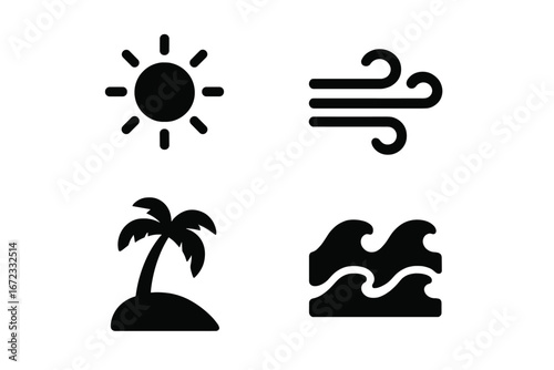 Tropical weather solid glyph icon set. Beach vacation & travel symbols. Vector pictograms of sun, wind, ocean wave, and palm tree on island for climate forecast or summer design.