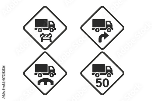 Truck road sign icon set. Vector glyph pictograms for transportation and logistics. Lorry traffic warning symbols for construction zone, road curve, bridge, and speed limit.