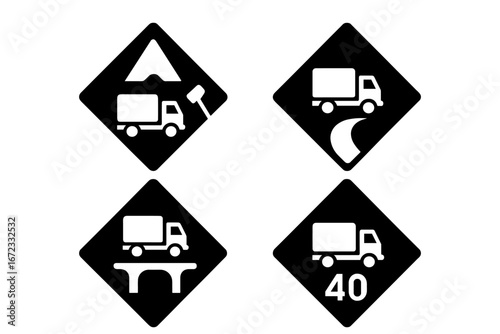 Truck road warning signs icon set. Lorry transport and logistics safety symbols. Vector icons for construction zone, falling rocks, winding road, bridge, and truck speed limit.