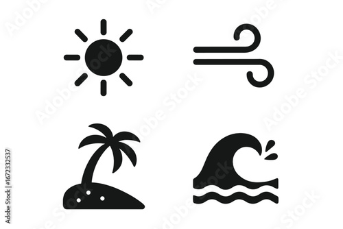 Tropical weather solid icon set. Summer beach vacation concept with sun, wind, palm tree on island and ocean wave. Simple flat vector graphic symbols for web design.