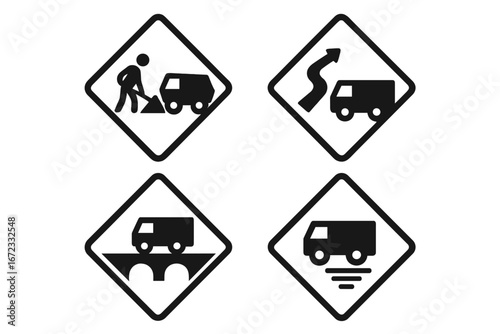 Road work and traffic warning signs icon set. Vector collection of truck and van safety symbols for construction zone, winding road, bridge crossing, and uneven surface ahead.