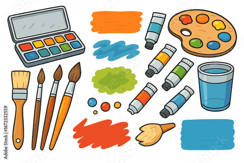 Art tools and painting supplies vector set. Artist equipment collection with watercolor, acrylic paint tubes, brushes, palette. Creative hobby, craft and drawing concept icons.
