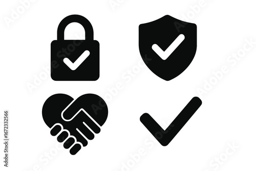 Trust vector icon set. Padlock, shield, handshake heart symbols. Security, safety, and protection concept. Business agreement, deal, and partnership guarantee icon.