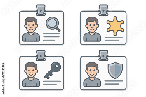 ID card icon set. Employee identification badge with photo. Security pass for access control. Personal identity verification vector. Staff authorization cartoon illustration.