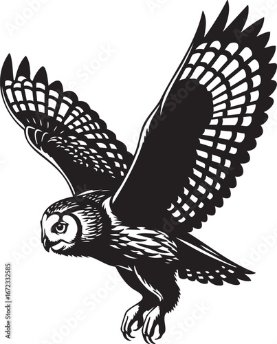 Vector illustration of an owl in flight with spread wings on a white background