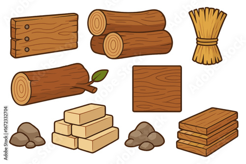 Cartoon wood logs, planks, stone, and straw construction materials set. Vector building and crafting resource icons for games. Natural elements like lumber, rock, brick, and wheat.