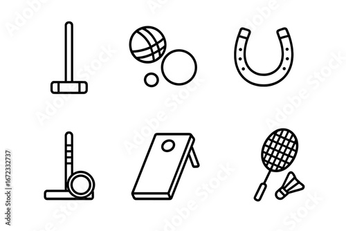 Lawn game outline icon set. Summer backyard activity symbols. Vector collection of croquet, bocce, horseshoes, cornhole, and badminton. Outdoor fun and leisure pictogram.