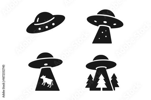 Solid UFO Sightings Icon Set, Filled Flying Saucer Vector Illustrations with Beam of Light, Cow Abduction, and UFO Above Trees, Alien Abduction and Extraterrestrial Themes