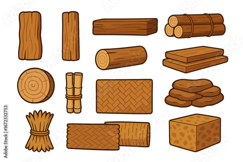 Vector cartoon collection of natural building materials. Wood log, timber plank, bamboo sticks, straw sheaf, peat briquette, cork block icons for construction and crafting.