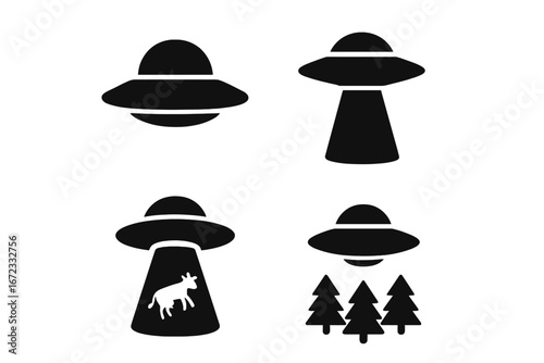 UFO Sightings Icon Set with Solid Flying Saucer, Beam of Light, Cow Abduction, UFO Over Forest Trees, Mysterious Alien Abduction Vector Illustration Transparent Background