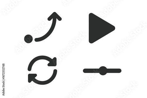 Solid filled UI icon set of interactive elements including bounce animation arrow, play button, loop icon, and speed slider vector illustration on transparent background
