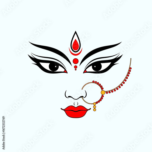 Minimalist Goddess Durga face. Hindu festival vector icon for tattoo or print.