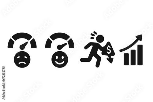 Market sentiment icons. Investor psychology concept with fear and greed index gauge. Financial emotional trading. Panic sell, stock market crisis, and rally vector symbols.
