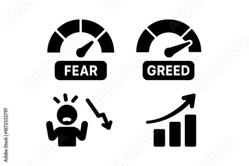 Market sentiment fear and greed index icons. Investor psychology concept with panic sell and rally symbols. Stock trading emotions. Vector gauge, meter, and chart elements.