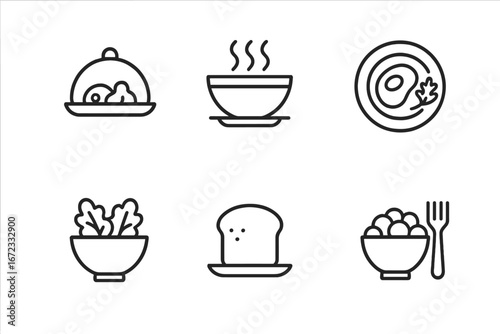 Meal course outline icon set. Vector symbols for appetizer, soup, entrée, main dish, salad, and bread. Restaurant menu pictogram collection. Food, dinner, lunch graphic elements.
