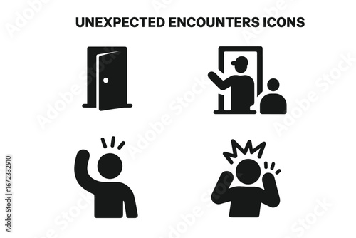 Unexpected Encounters Icons Set, Solid Filled Vector Illustrations of Surprise Door Opening, Unexpected Visitor, Waving Person, Startled Reaction Symbols on Transparent Background