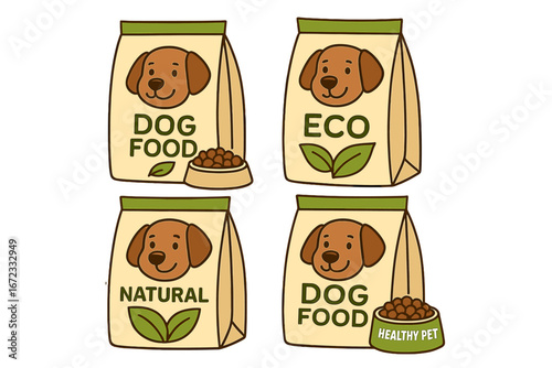 Dog food package. Healthy pet nutrition. Natural, eco friendly meal. Vector bag, bowl. Pet shop, vet product. Animal care, feeding concept. Sustainable packaging. Cartoon set.