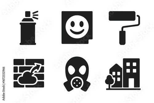 Urban art icons solid filled vector set including graffiti spray can, stencil smiley, paint roller, wall mural, gas mask, cityscape buildings, street style illustration