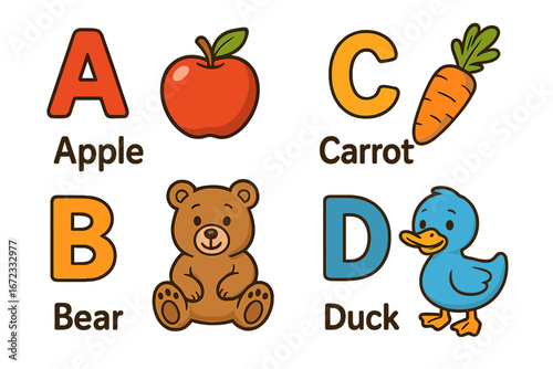 Educational alphabet flashcards for preschool. Cute cartoon ABC letters A, B, C, D with corresponding illustrations of apple, bear, carrot, duck. Children learning vector set.