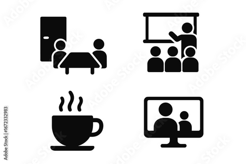 Business meeting vector icon set. Solid glyph symbols for conference room, presentation, virtual call, and coffee break. Corporate teamwork, training, online seminar pictogram.