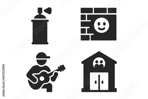 Urban Culture Icons Solid Filled Vector Set Including Graffiti Spray Can, Mural Wall Art, Street Musician, Community Center Building, Street Art and Social Gathering Elements