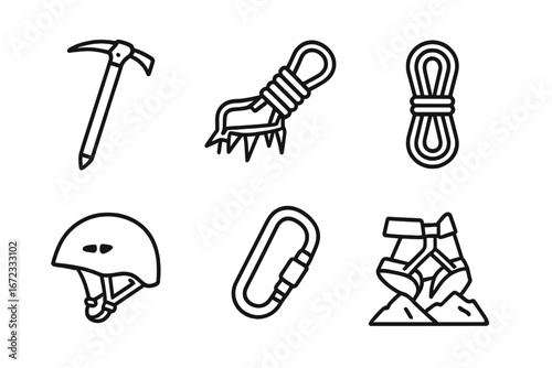 Mountaineering and climbing gear icon set. Vector outline symbols for alpinism adventure. Includes ice axe, crampons, rope, helmet, carabiner, and safety harness icons.