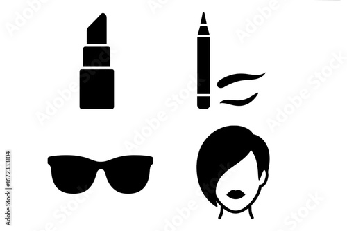 Urban fashion icons solid filled vector set with bold lipstick, eyeliner, stylish sunglasses, trendy hairstyle, makeup and grooming elements for modern fashion design