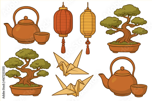 Set of traditional Asian decorations. Japanese and Chinese cultural elements. Teapot for tea ceremony, paper lanterns, bonsai tree and origami crane birds. Cartoon vector icons.