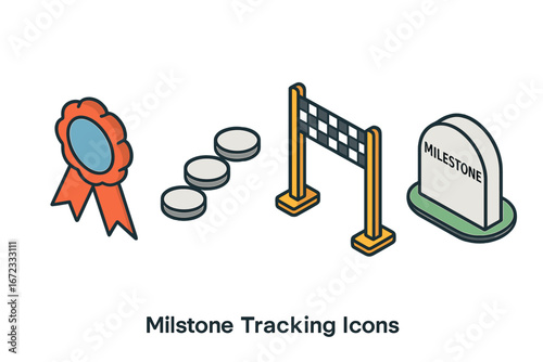 Isometric milestone tracking icon set. Business project roadmap, goal achievement and success concept. Vector icons of award ribbon, stepping stones, finish line and progress.