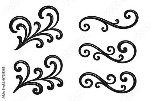 Set of elegant ornamental swirls and flourishes. Vintage decorative filigree scroll elements. Classic calligraphic page dividers and border decorations for wedding invitations.