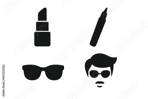 Urban Fashion Icons Vector Set, Solid Filled Style Showing Bold Lipstick, Eyeliner, Stylish Sunglasses, Contemporary Hairstyle, Grooming Essentials Design for Trendy Looks