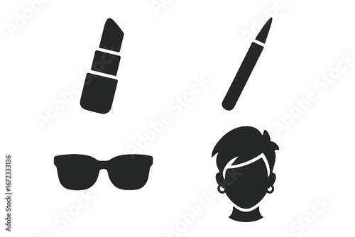 Urban Fashion Icons Vector Set, Solid Filled Makeup and Grooming Elements Including Bold Lipstick, Eyeliner, Sunglasses, Modern Hairstyle Silhouettes for Trendy Style Design