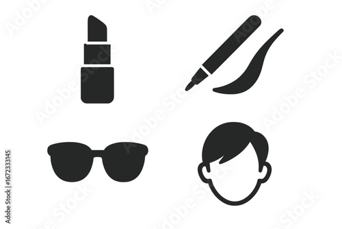 Urban Fashion Icons Solid Filled Vector Set of Makeup and Grooming Essentials Including Bold Lipstick, Eyeliner, Sunglasses, Hairstyle Illustrations on Transparent Background