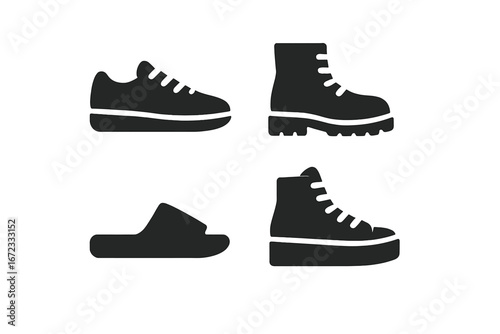 Urban Footwear Icons Solid Filled Vector Set of Sneakers, Boots, Slides, High-Tops, and Platform Shoes for Street Fashion and Casual Style Illustration