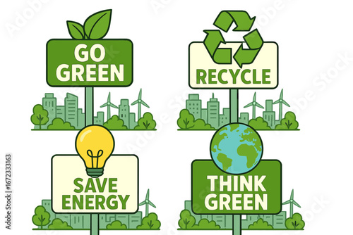 Vector set of green eco-friendly signs. Go Green, Recycle, Save Energy, Think Green concepts. Sustainability, environmental awareness, ecology, conservation in a modern city.