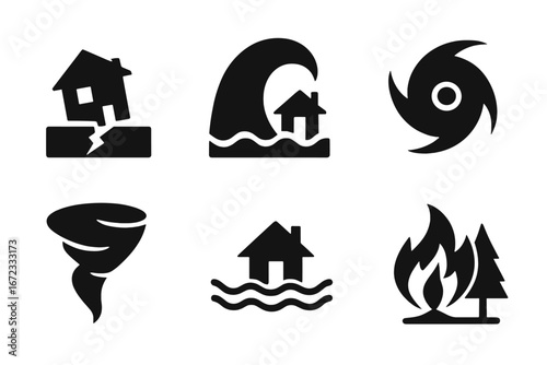 Natural disaster solid icon set. Catastrophe and crisis symbols. Vector glyph collection of earthquake, tsunami, hurricane, tornado, flood, wildfire, storm. Climate emergency.