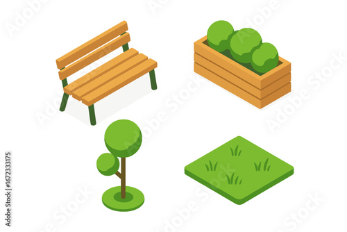 Urban park icons isometric flat vector set of greenery and seating zones including wooden bench, planter box with shrubs, topiary tree, and grass patch in modern style