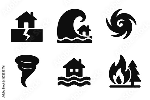 Natural disaster solid icon set. Vector symbols for earthquake, tsunami, hurricane, tornado, flood, wildfire. Catastrophe, emergency, climate change warning signs. Pictograms.