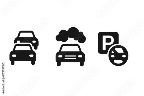 Urban mobility challenges icons solid filled vector set including traffic jam congestion, air pollution emissions, and parking shortage city transportation problems illustration