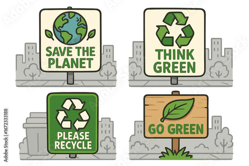 Set of environmental awareness signs. Go green. Think green. Save the planet. Please recycle concept. Sustainability and eco friendly practices in a city. Vector illustration.