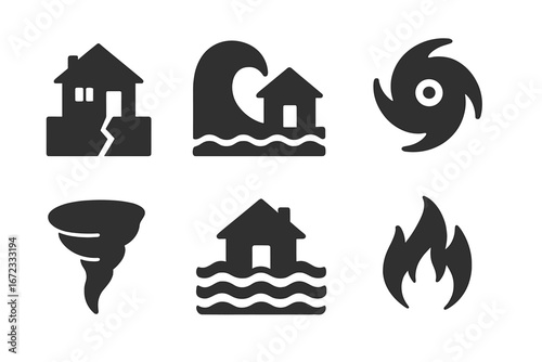 Natural disaster solid glyph icon set. Catastrophe pictograms for earthquake, tsunami, hurricane, tornado, flood, wildfire. Emergency, danger, warning sign. Climate crisis.