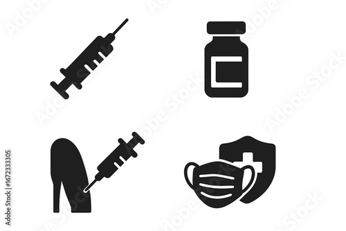Vaccination Icons Set, Solid Filled 4-Piece Collection Featuring Syringe Injection, Vaccine Vial, Medical Mask with Health Shield Protection, Vector Illustration on Transparent Background