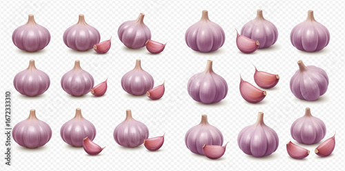 Realistic illustration of whole garlic bulbs and cloves, arranged in a grid pattern.