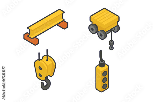 Overhead crane isometric icons. Industrial lifting equipment for factory and warehouse. Set includes bridge girder, hoist trolley, hook block, and control pendant vector elements.