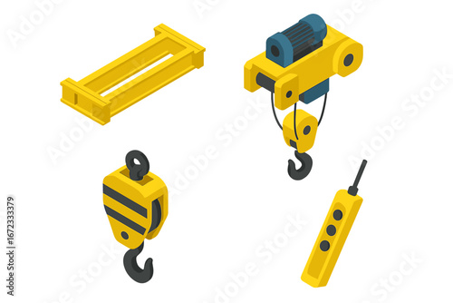 Isometric overhead crane icon set with bridge girder, hoist trolley, hook block, and control pendant. Vector illustration for factory, warehouse, and construction industries.